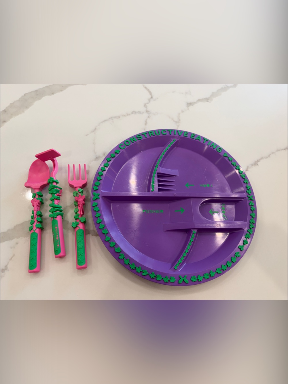 Constructive Eating Purple Divided Plate Pink & Green Scoop & Push Utensils